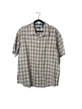 Arrow XXL Mens Plaid Short Sleeve Button-Up Shirt Beige White Cotton Blend